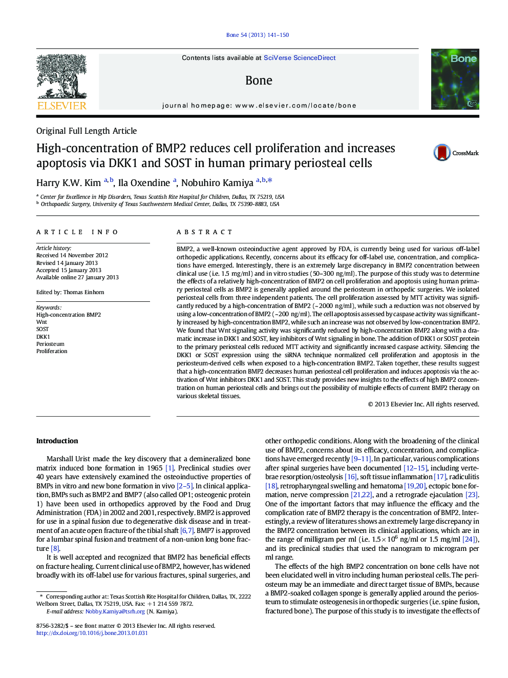 High-concentration of BMP2 reduces cell proliferation and increases apoptosis via DKK1 and SOST in human primary periosteal cells