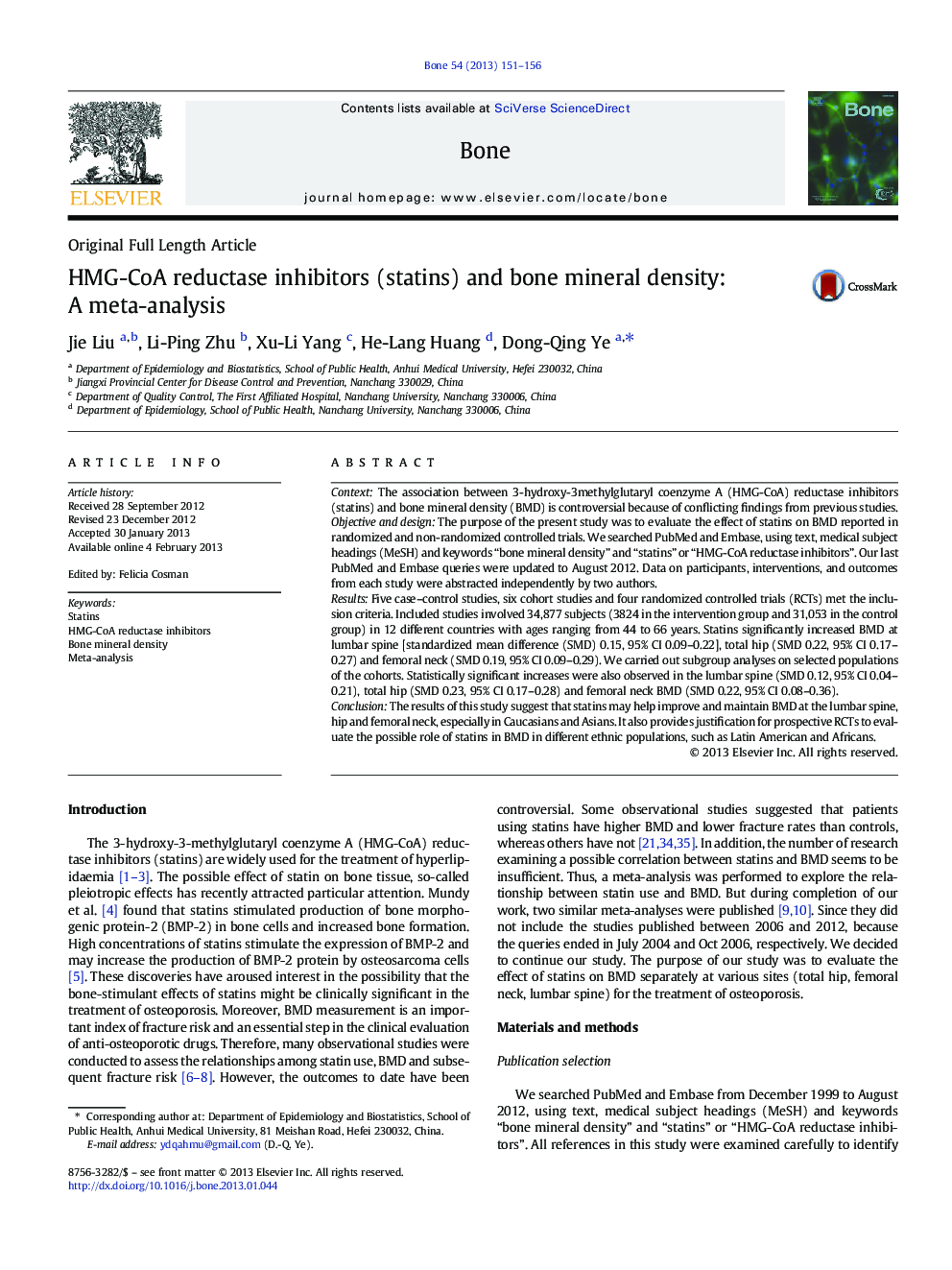 HMG-CoA reductase inhibitors (statins) and bone mineral density: A meta-analysis