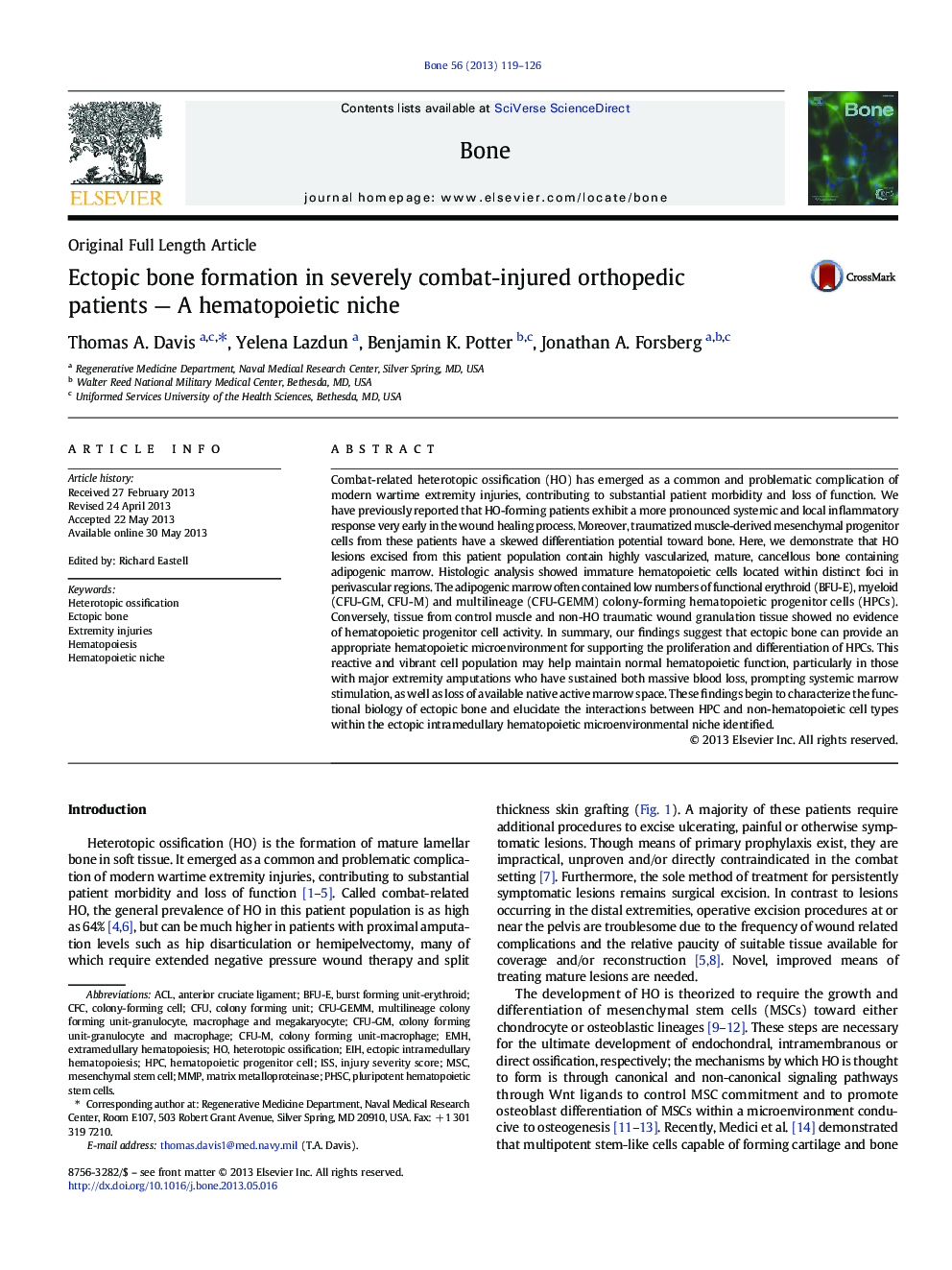 Ectopic bone formation in severely combat-injured orthopedic patients - A hematopoietic niche