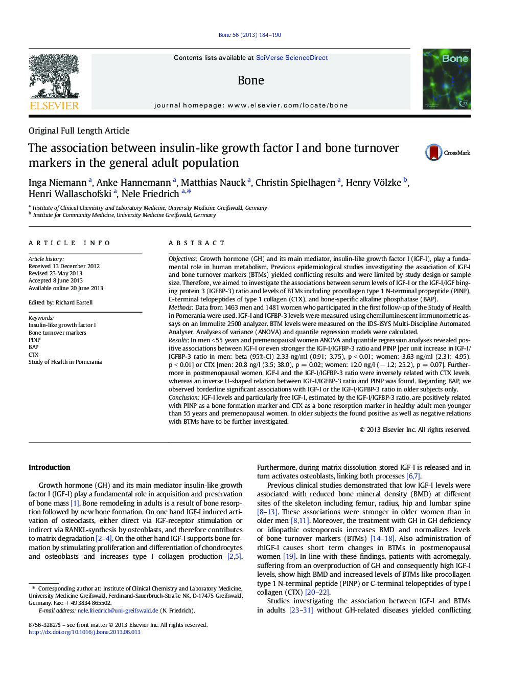 The association between insulin-like growth factor I and bone turnover markers in the general adult population