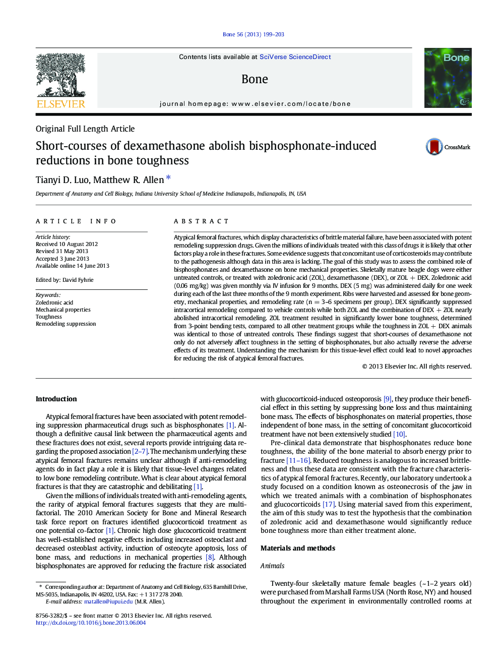 Original Full Length ArticleShort-courses of dexamethasone abolish bisphosphonate-induced reductions in bone toughness