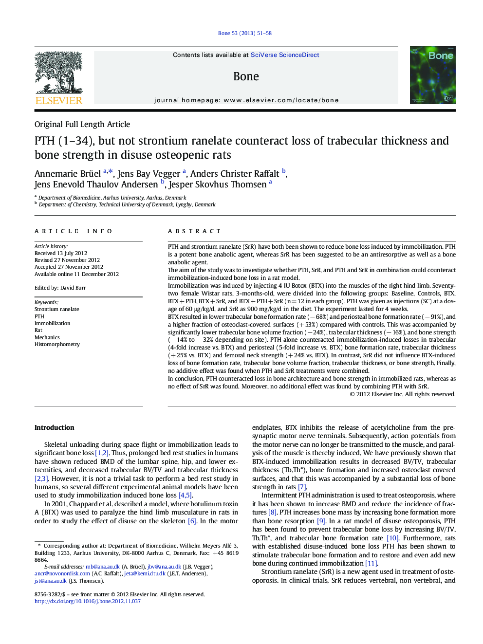 PTH (1-34), but not strontium ranelate counteract loss of trabecular thickness and bone strength in disuse osteopenic rats