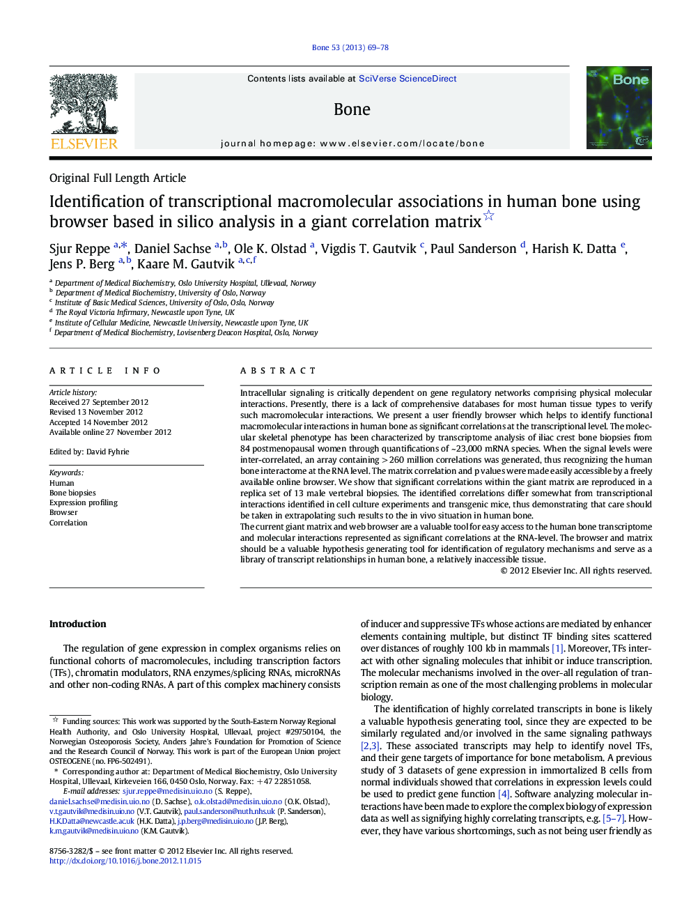 Identification of transcriptional macromolecular associations in human bone using browser based in silico analysis in a giant correlation matrix