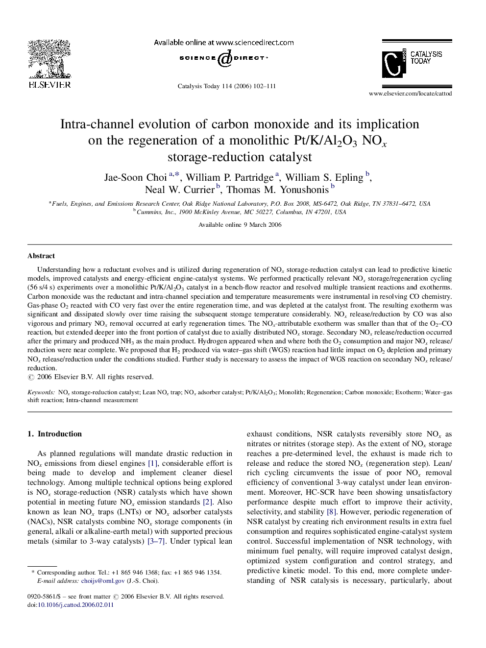 Intra-channel evolution of carbon monoxide and its implication on the regeneration of a monolithic Pt/K/Al2O3 NOx storage-reduction catalyst