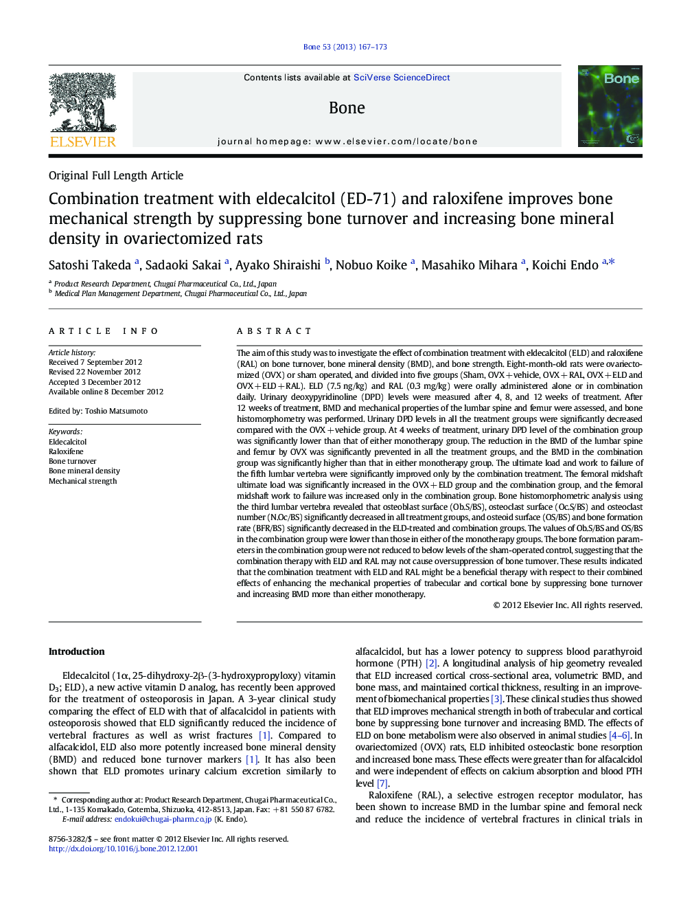 Combination treatment with eldecalcitol (ED-71) and raloxifene improves bone mechanical strength by suppressing bone turnover and increasing bone mineral density in ovariectomized rats