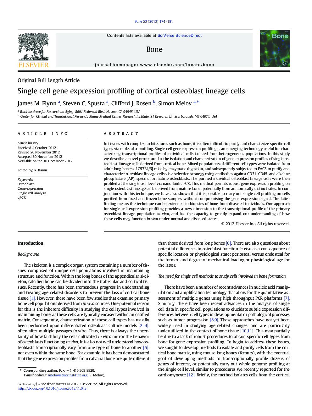 Original Full Length ArticleSingle cell gene expression profiling of cortical osteoblast lineage cells