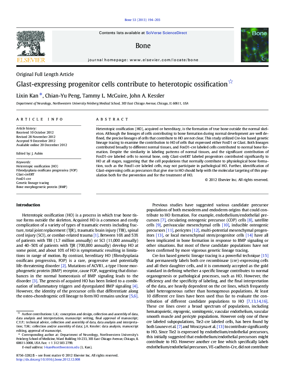 Glast-expressing progenitor cells contribute to heterotopic ossification