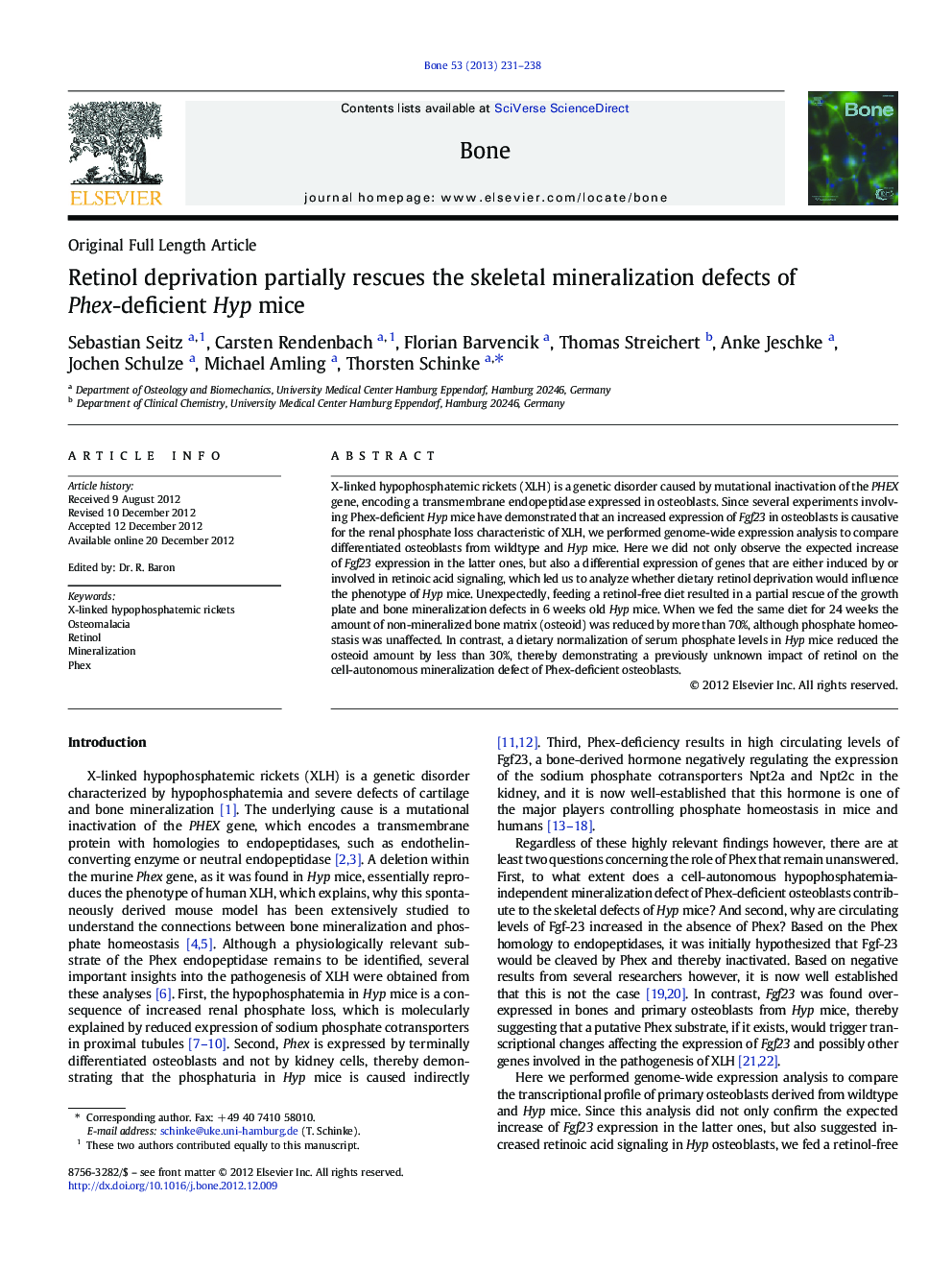 Retinol deprivation partially rescues the skeletal mineralization defects of Phex-deficient Hyp mice