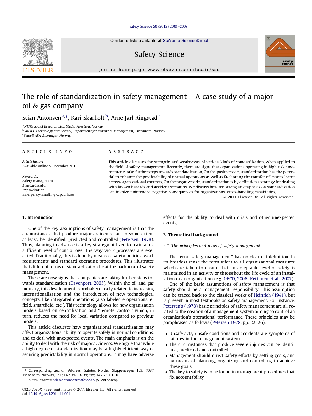 The role of standardization in safety management – A case study of a major oil & gas company