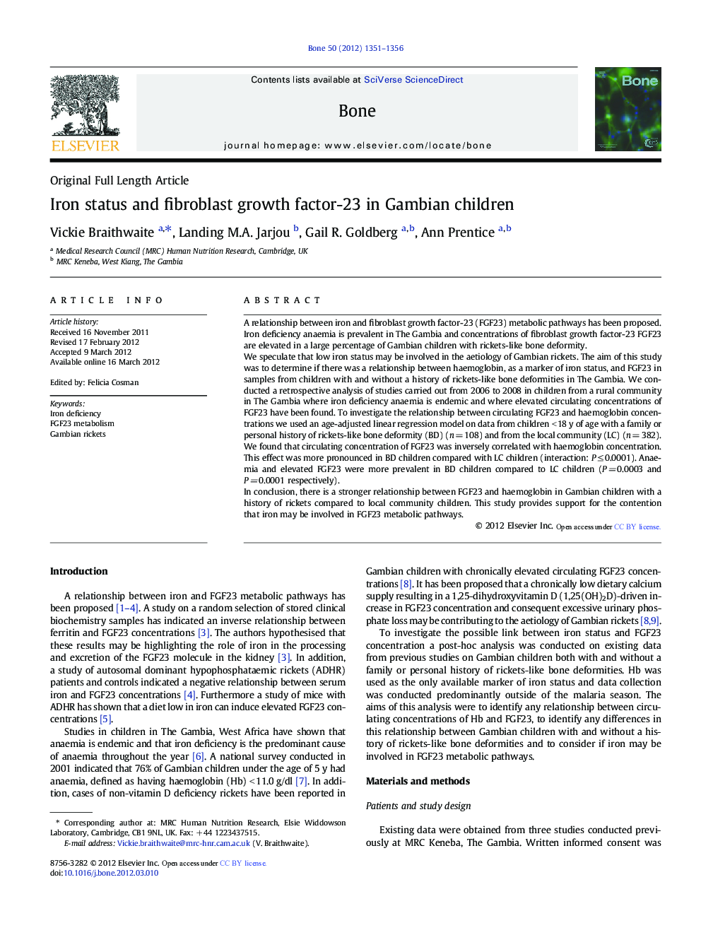 Original Full Length ArticleIron status and fibroblast growth factor-23 in Gambian children