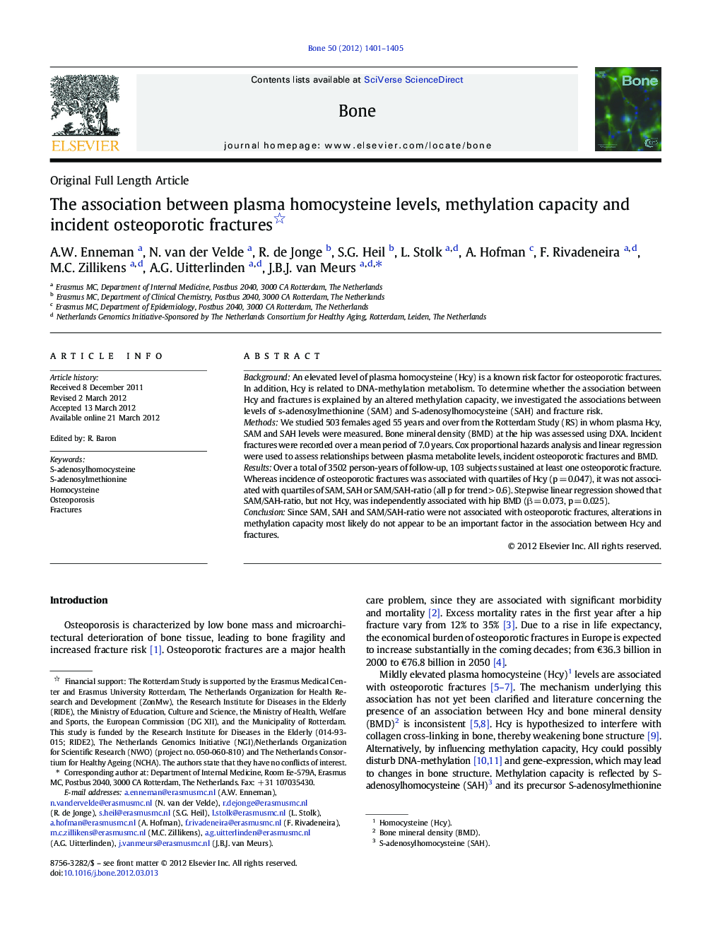 Original Full Length ArticleThe association between plasma homocysteine levels, methylation capacity and incident osteoporotic fractures