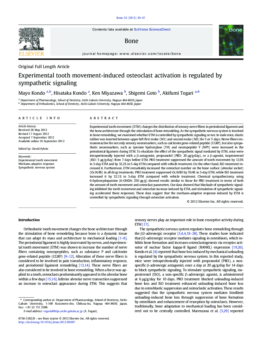 Experimental tooth movement-induced osteoclast activation is regulated by sympathetic signaling