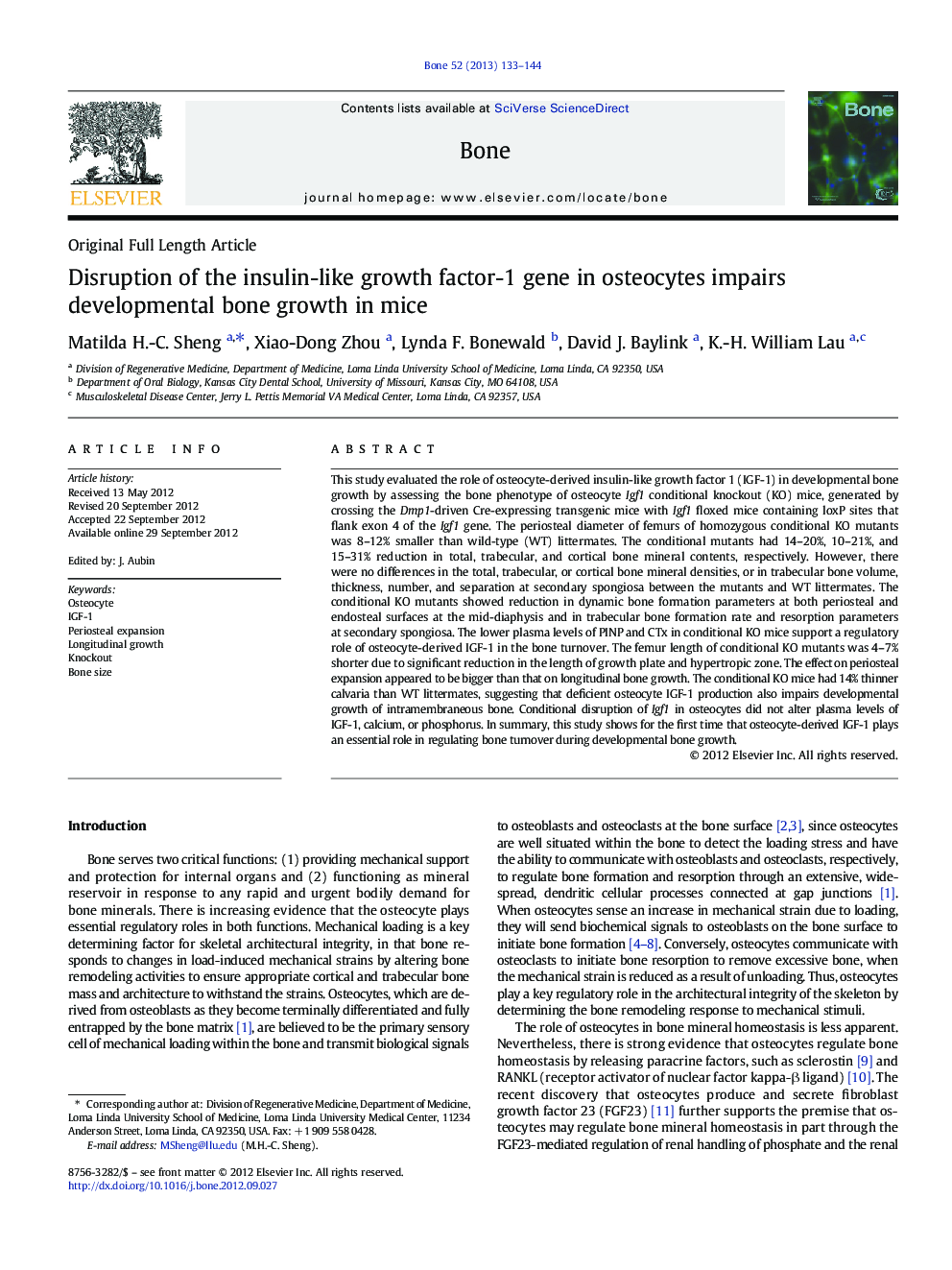 Disruption of the insulin-like growth factor-1 gene in osteocytes impairs developmental bone growth in mice