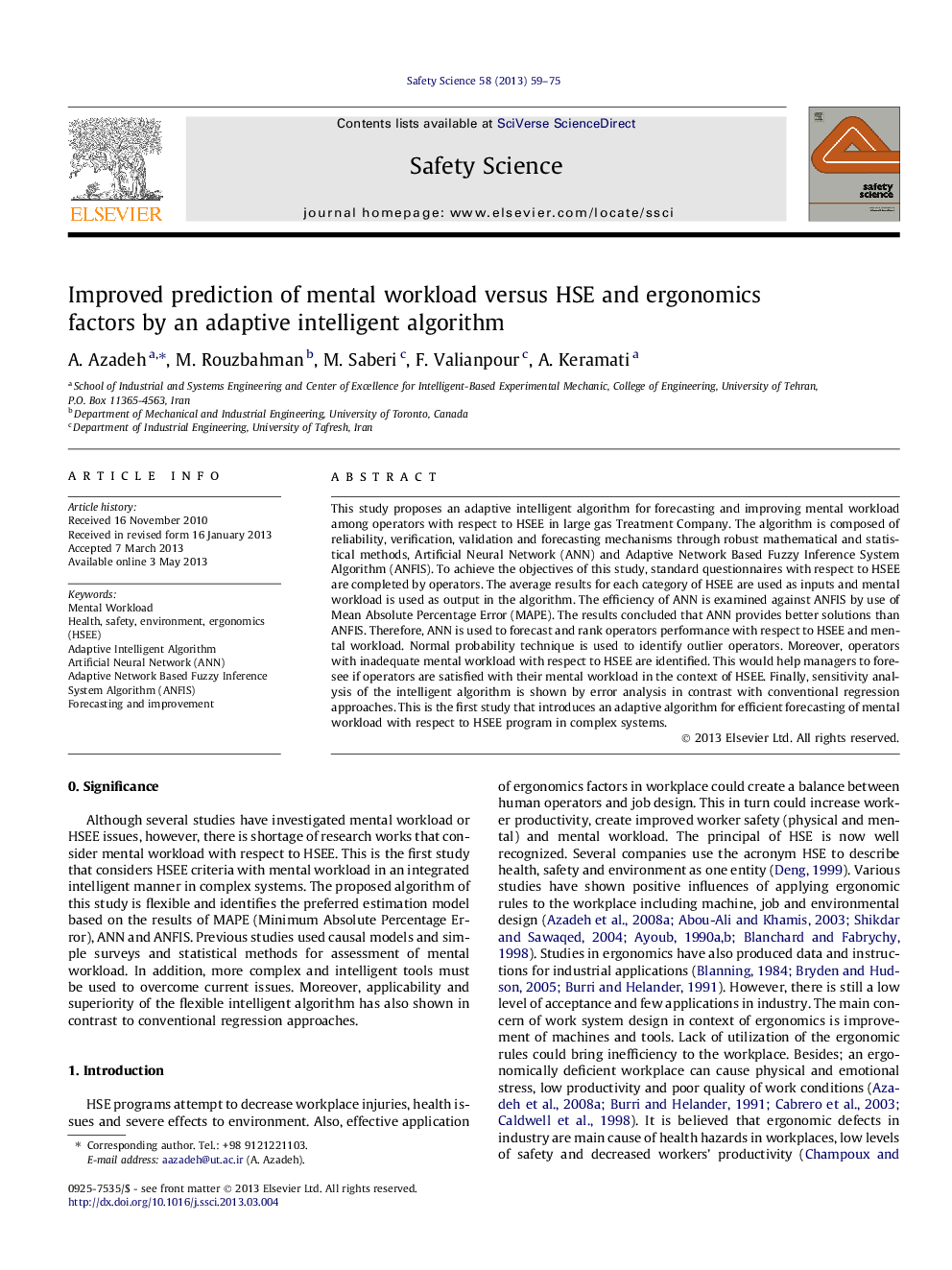 Improved prediction of mental workload versus HSE and ergonomics factors by an adaptive intelligent algorithm