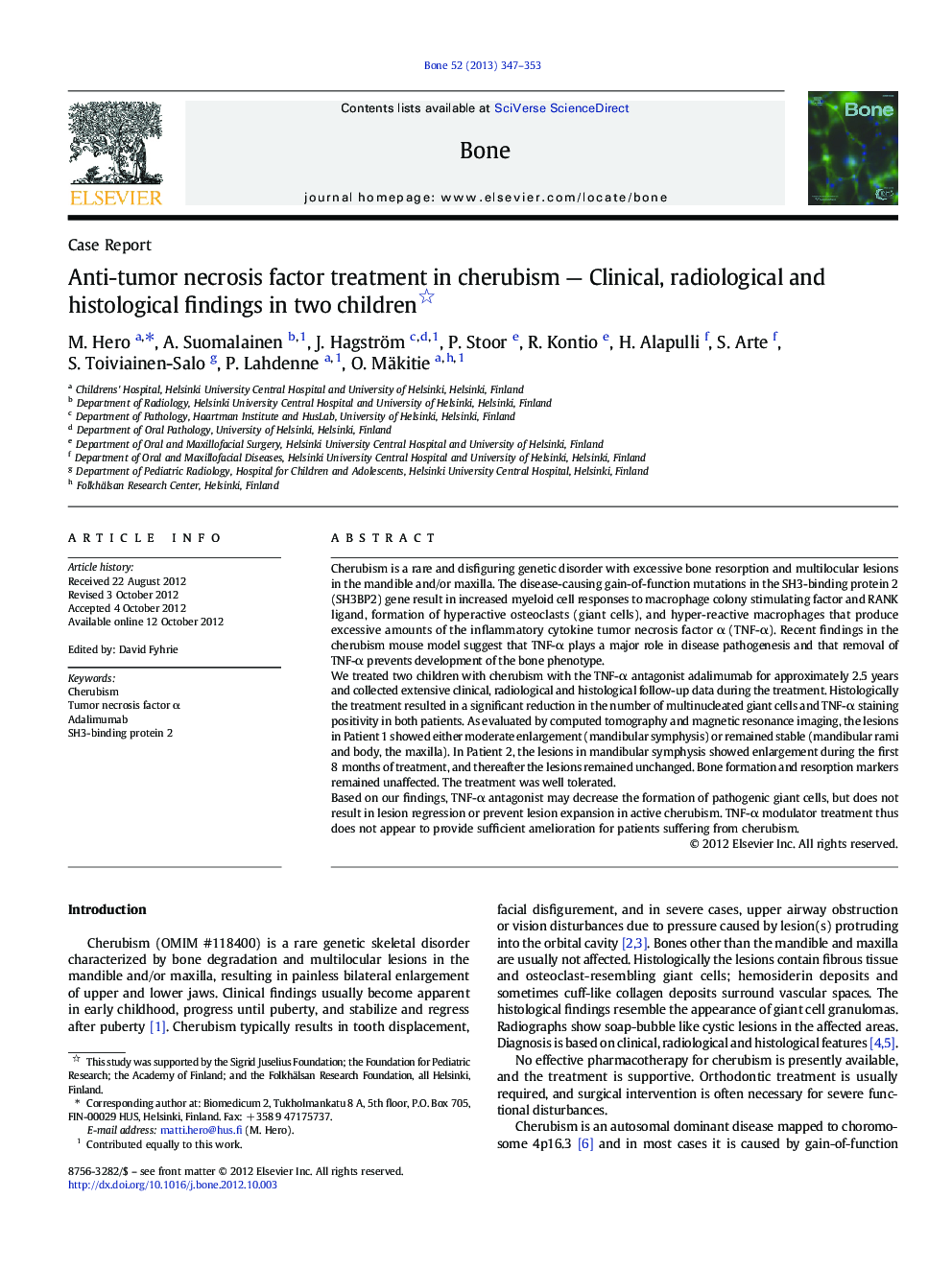 Anti-tumor necrosis factor treatment in cherubism - Clinical, radiological and histological findings in two children