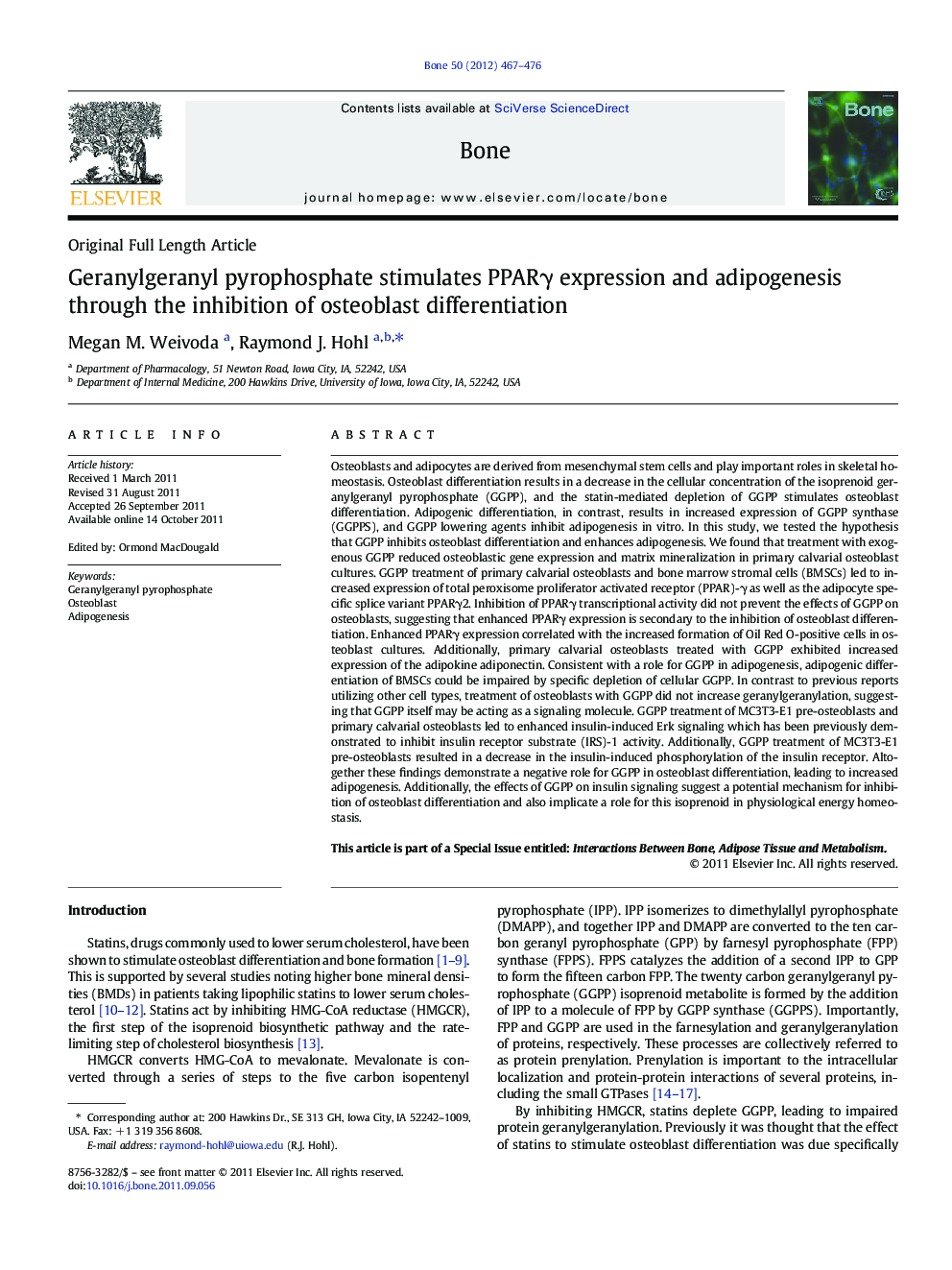 Geranylgeranyl pyrophosphate stimulates PPARÎ³ expression and adipogenesis through the inhibition of osteoblast differentiation