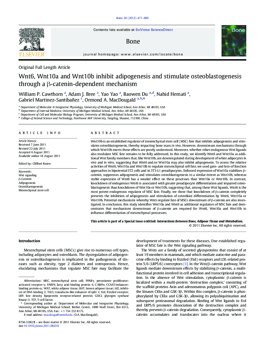 Wnt6, Wnt10a and Wnt10b inhibit adipogenesis and stimulate osteoblastogenesis through a Î²-catenin-dependent mechanism