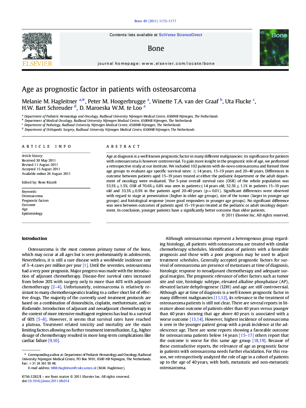 Age as prognostic factor in patients with osteosarcoma