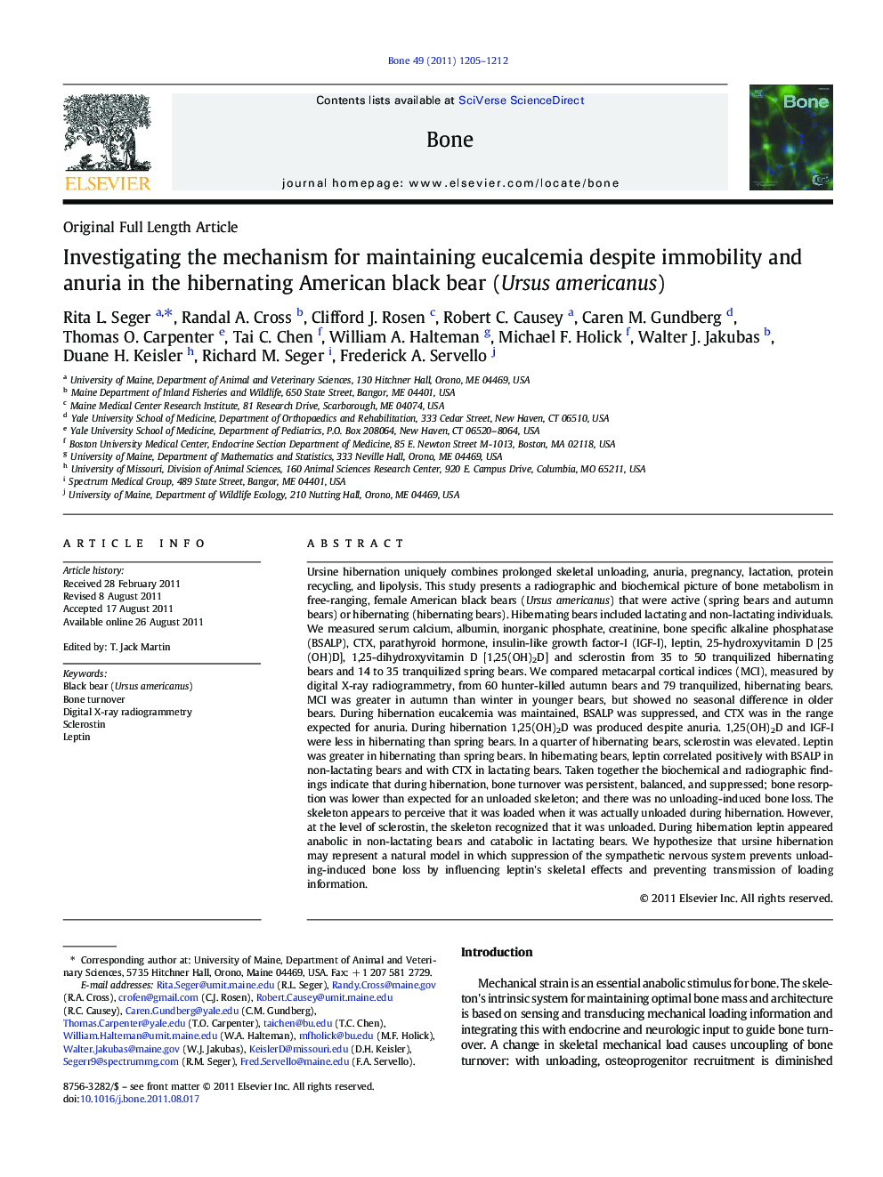 Original Full Length ArticleInvestigating the mechanism for maintaining eucalcemia despite immobility and anuria in the hibernating American black bear (Ursus americanus)