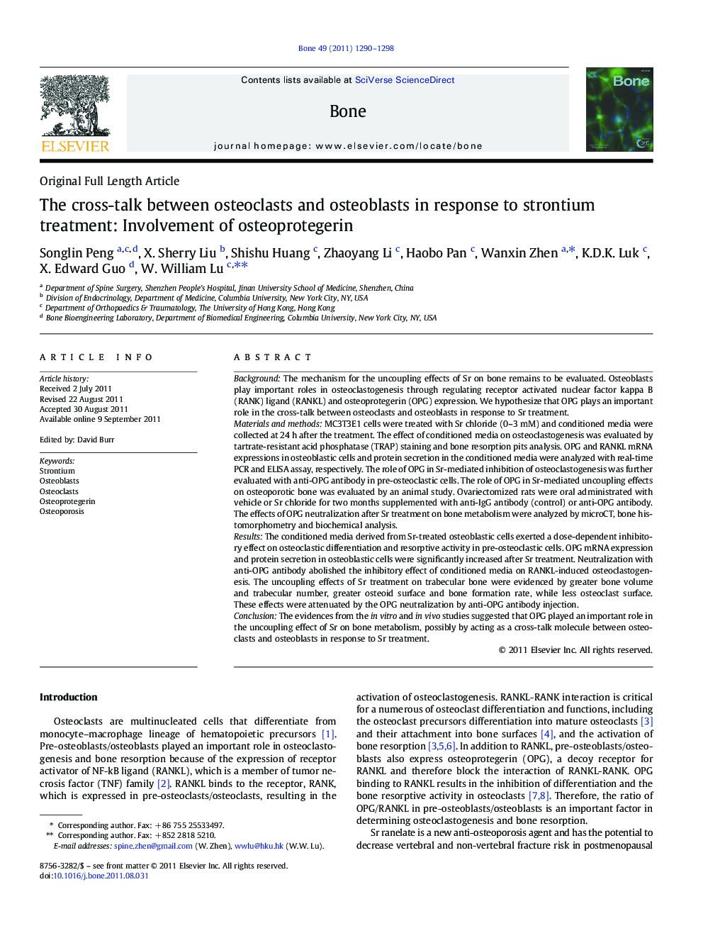 Original Full Length ArticleThe cross-talk between osteoclasts and osteoblasts in response to strontium treatment: Involvement of osteoprotegerin