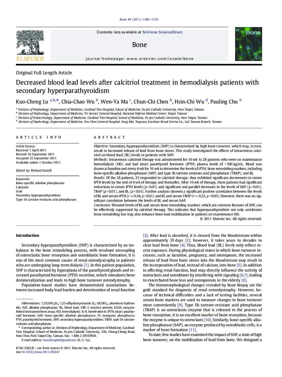 Decreased blood lead levels after calcitriol treatment in hemodialysis patients with secondary hyperparathyroidism