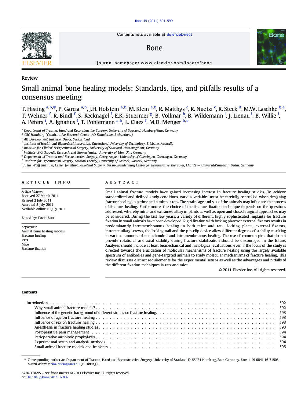 Small animal bone healing models: Standards, tips, and pitfalls results of a consensus meeting