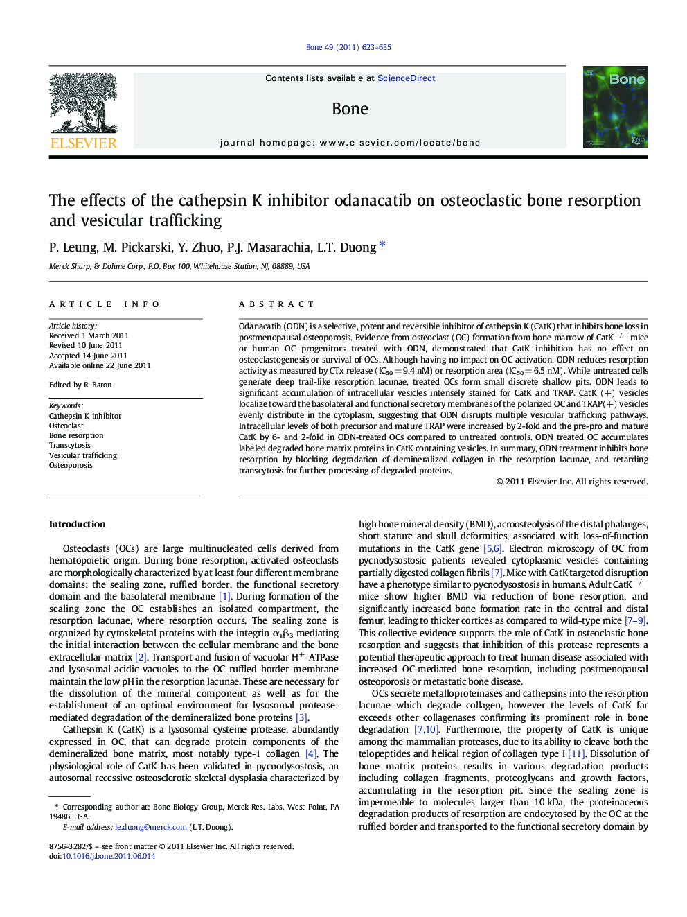 The effects of the cathepsin K inhibitor odanacatib on osteoclastic bone resorption and vesicular trafficking