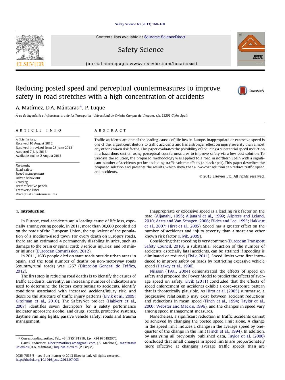 Reducing posted speed and perceptual countermeasures to improve safety in road stretches with a high concentration of accidents