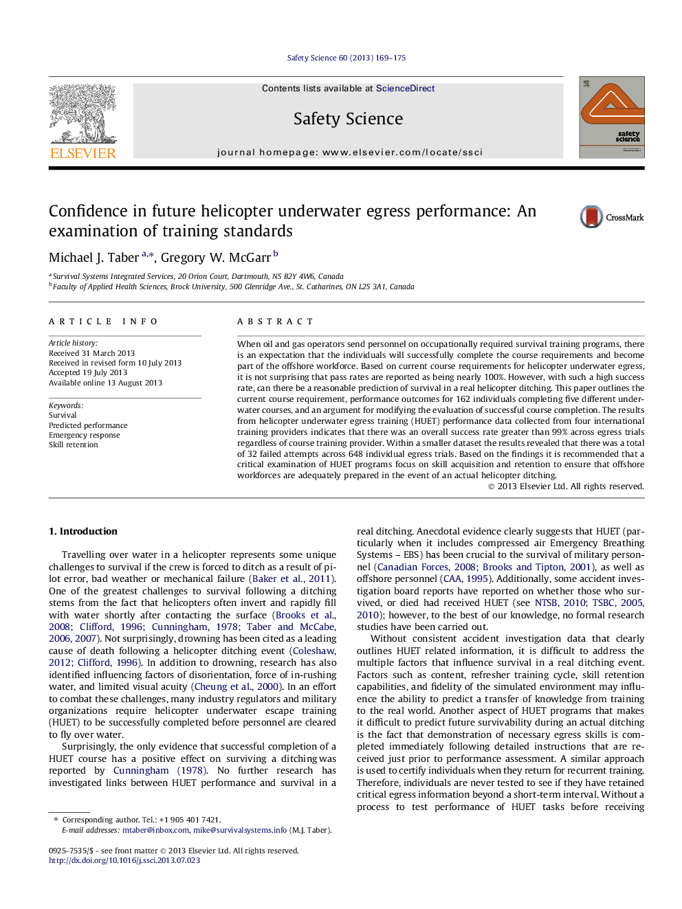 Confidence in future helicopter underwater egress performance: An examination of training standards