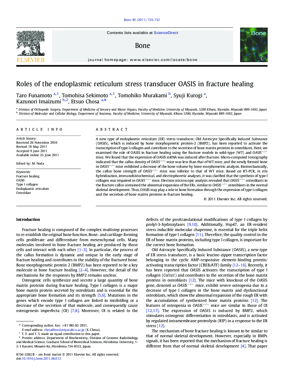 Roles of the endoplasmic reticulum stress transducer OASIS in fracture healing