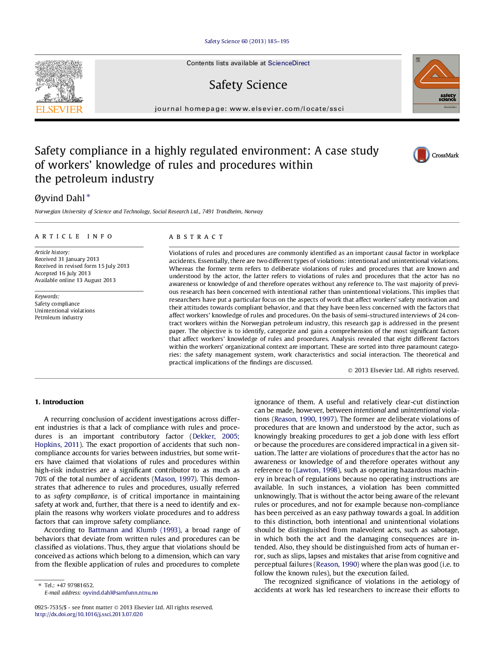 Safety compliance in a highly regulated environment: A case study of workers’ knowledge of rules and procedures within the petroleum industry