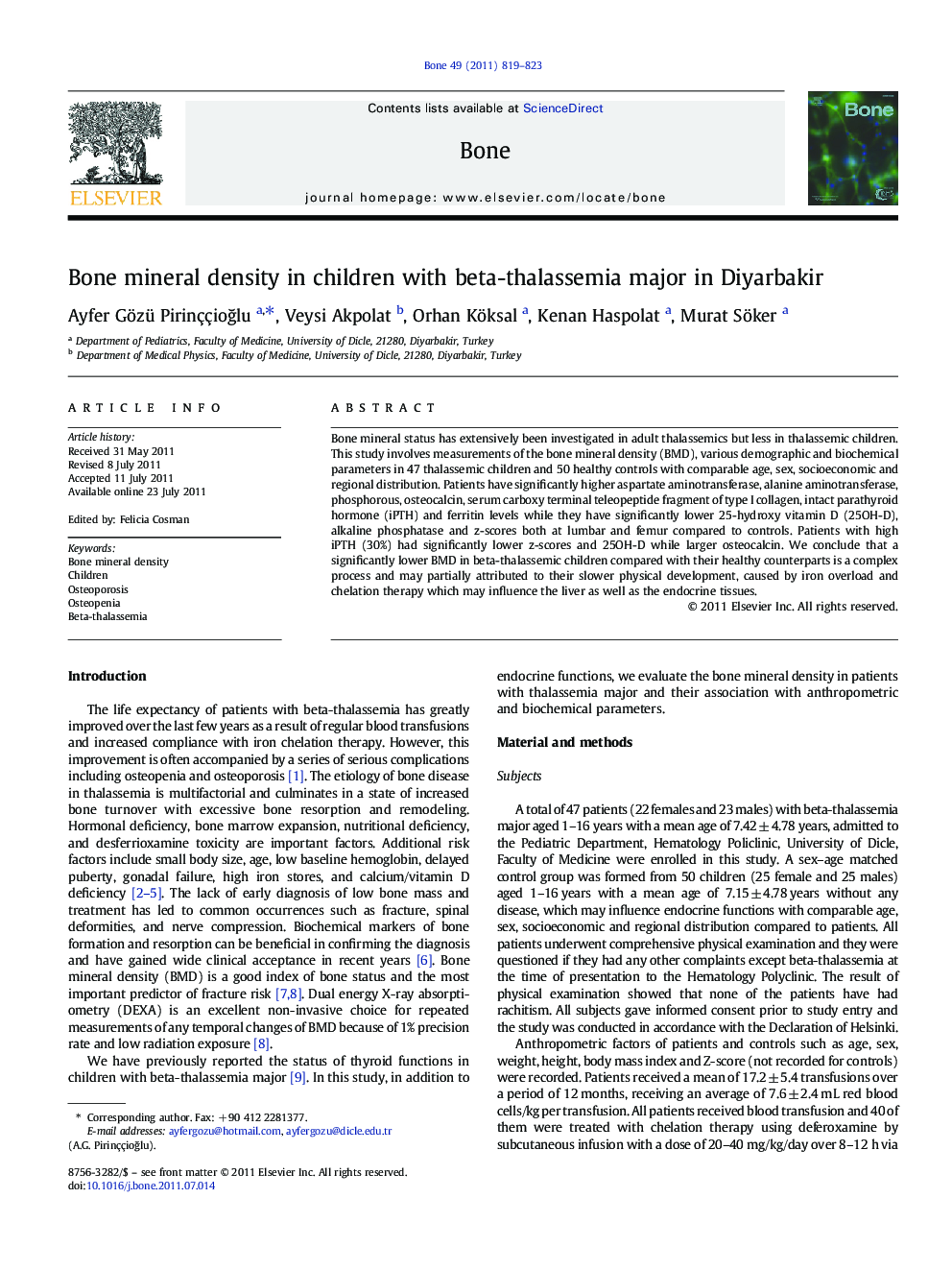 Bone mineral density in children with beta-thalassemia major in Diyarbakir