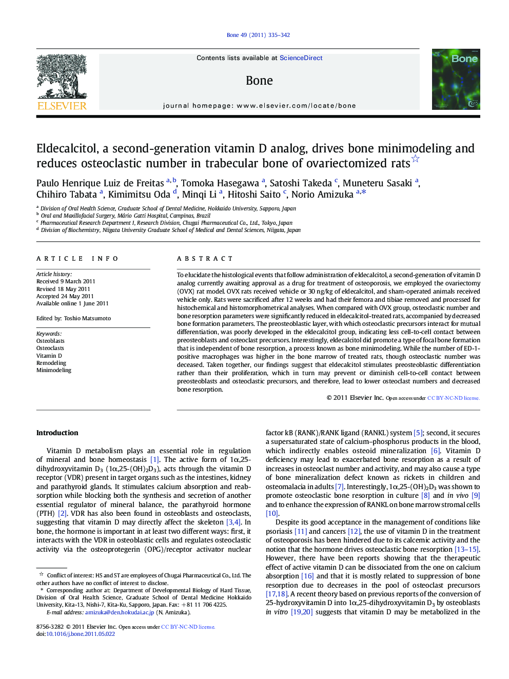 Eldecalcitol, a second-generation vitamin D analog, drives bone minimodeling and reduces osteoclastic number in trabecular bone of ovariectomized rats