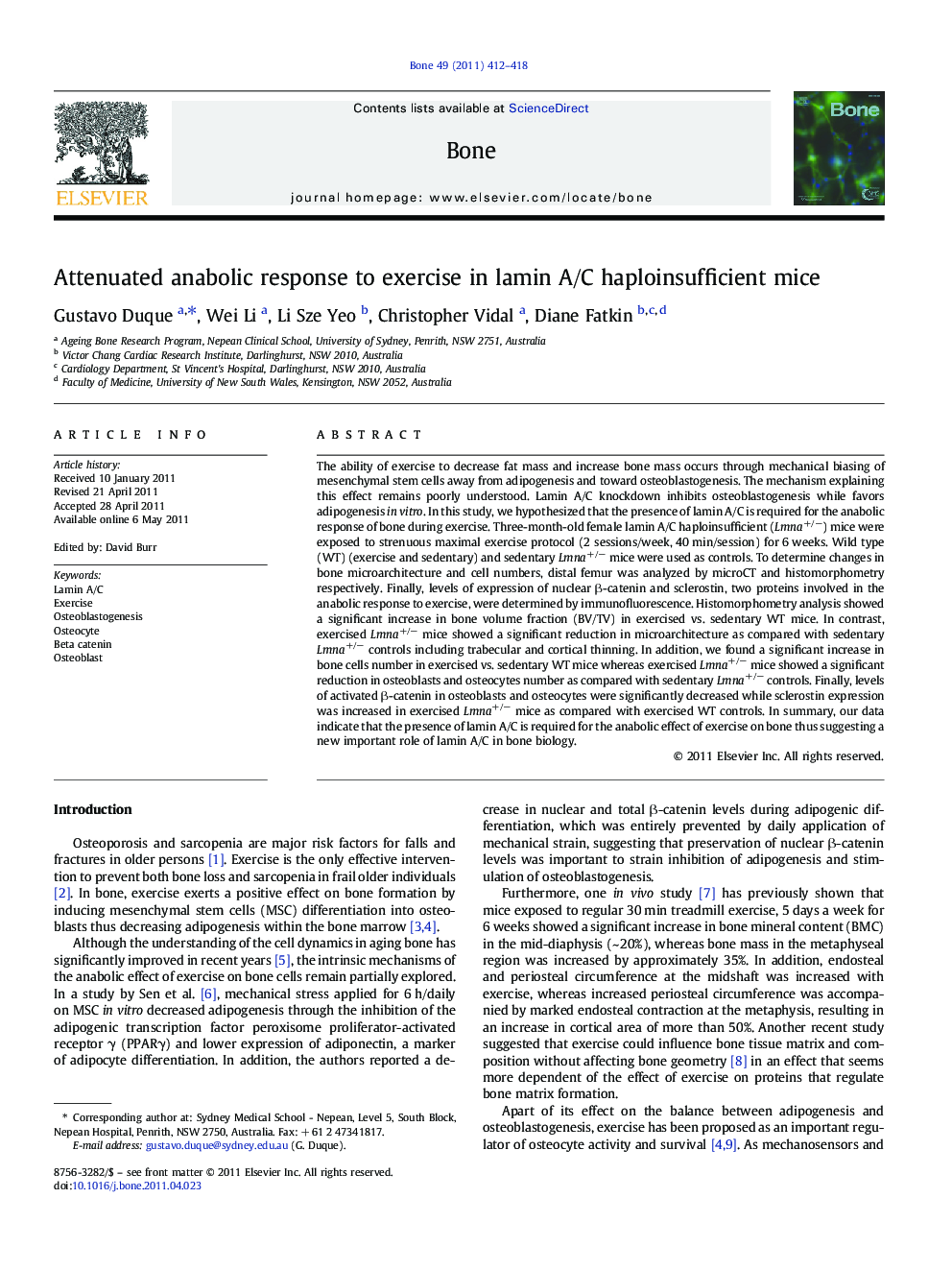 Attenuated anabolic response to exercise in lamin A/C haploinsufficient mice