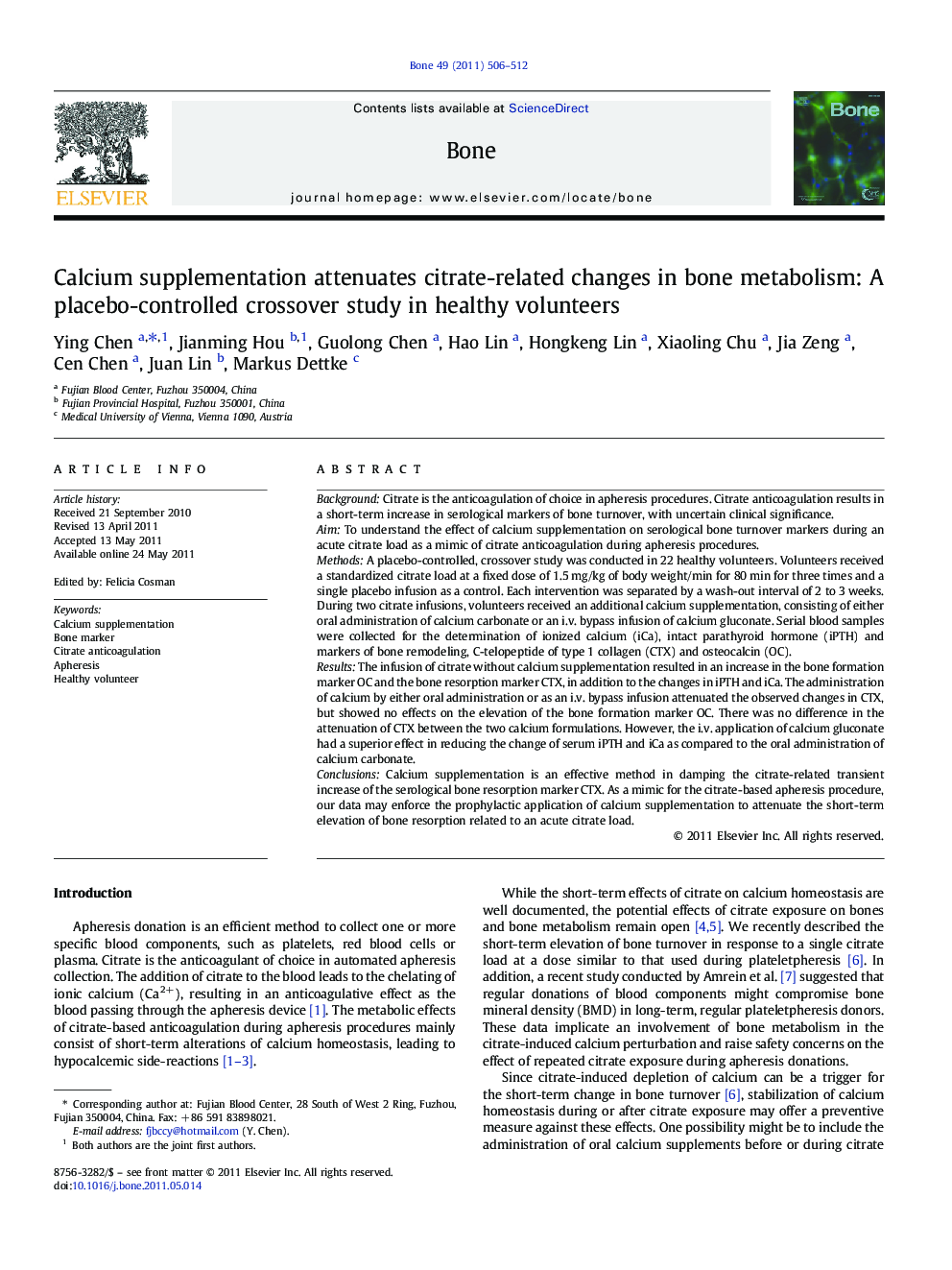 Calcium supplementation attenuates citrate-related changes in bone metabolism: A placebo-controlled crossover study in healthy volunteers