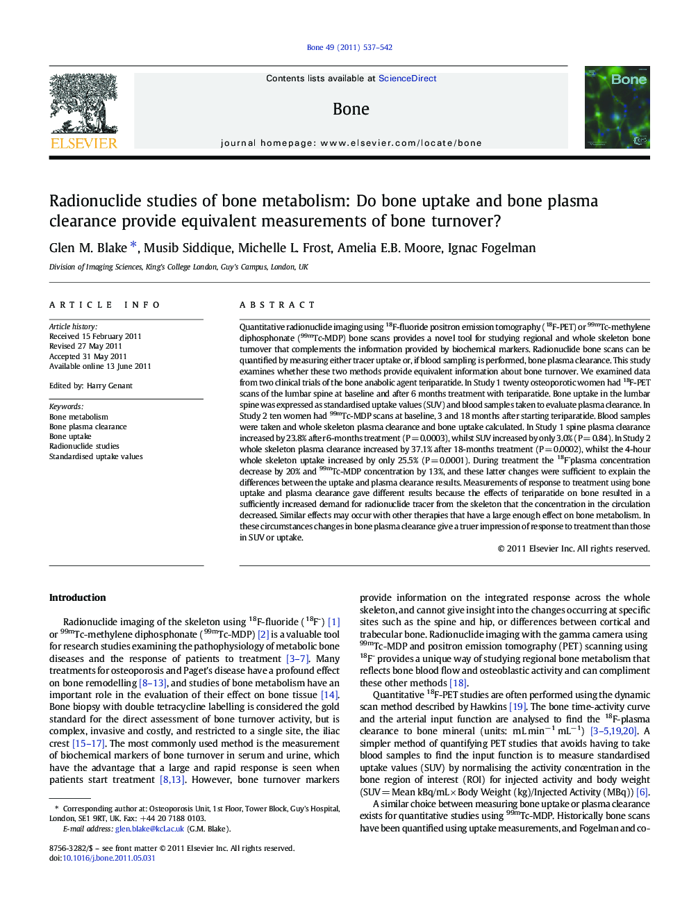 Radionuclide studies of bone metabolism: Do bone uptake and bone plasma clearance provide equivalent measurements of bone turnover?