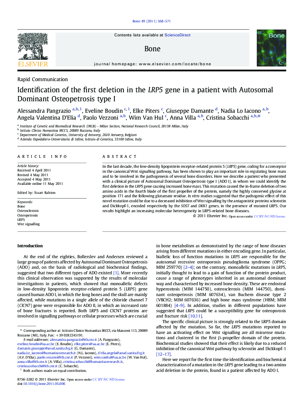 Identification of the first deletion in the LRP5 gene in a patient with Autosomal Dominant Osteopetrosis type I