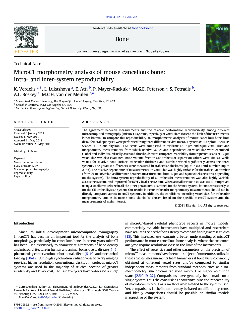 MicroCT morphometry analysis of mouse cancellous bone: Intra- and inter-system reproducibility