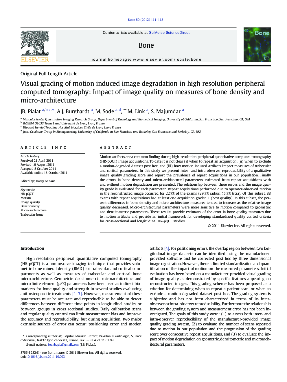 Visual grading of motion induced image degradation in high resolution peripheral computed tomography: Impact of image quality on measures of bone density and micro-architecture