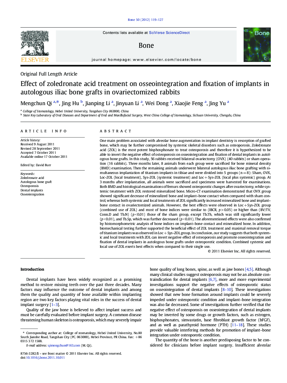 Effect of zoledronate acid treatment on osseointegration and fixation of implants in autologous iliac bone grafts in ovariectomized rabbits