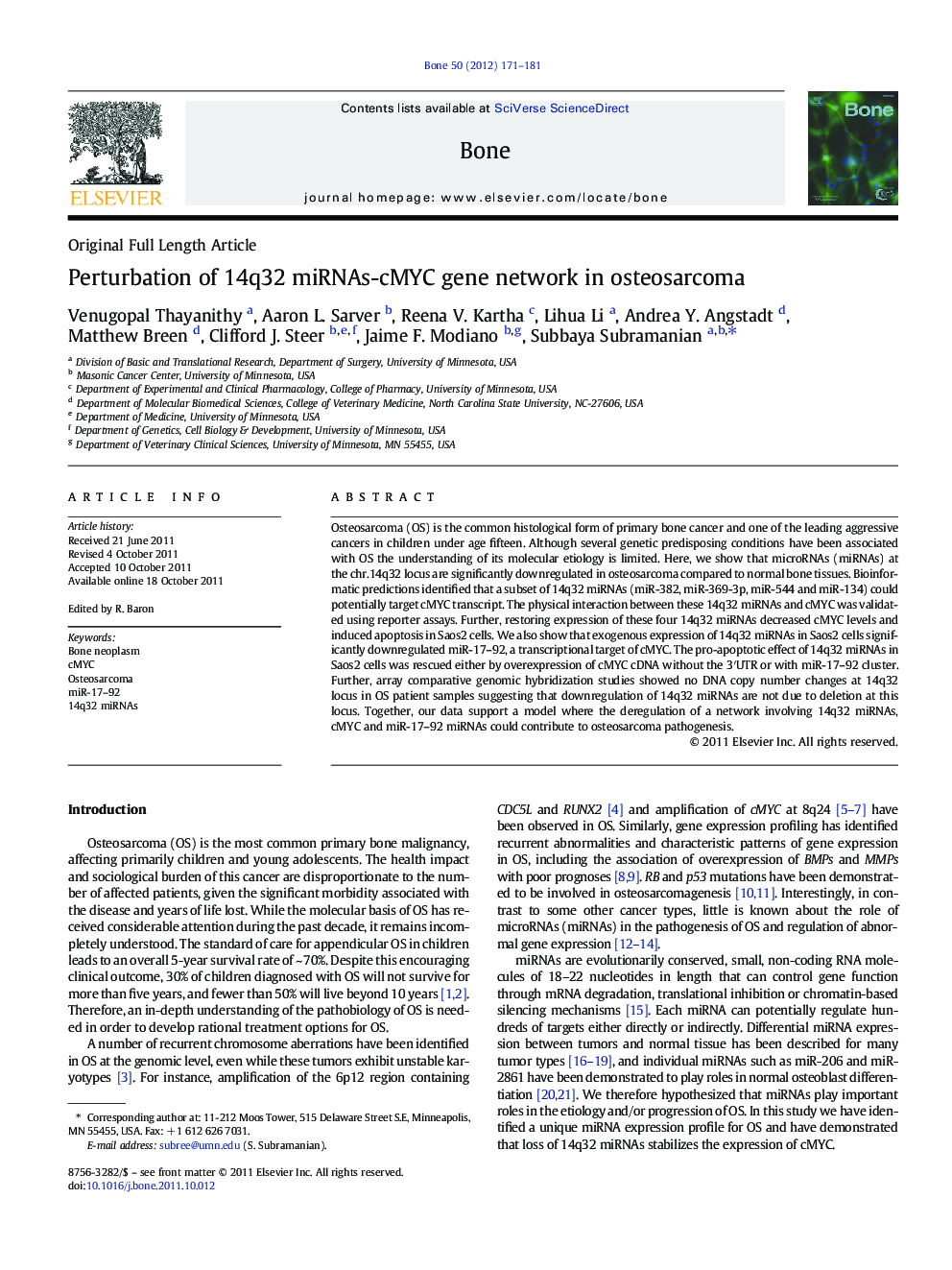 Original Full Length ArticlePerturbation of 14q32 miRNAs-cMYC gene network in osteosarcoma