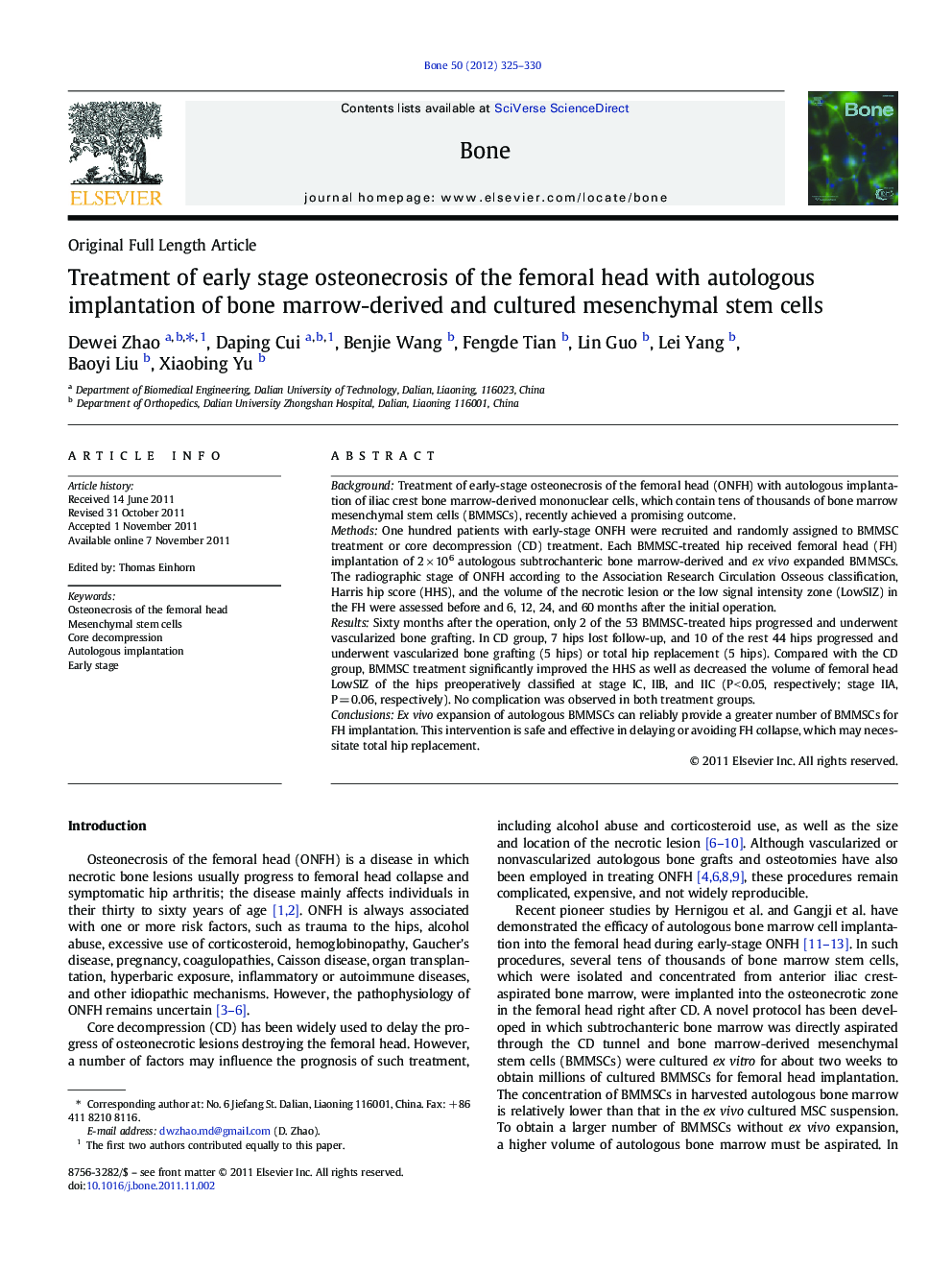 Treatment of early stage osteonecrosis of the femoral head with autologous implantation of bone marrow-derived and cultured mesenchymal stem cells