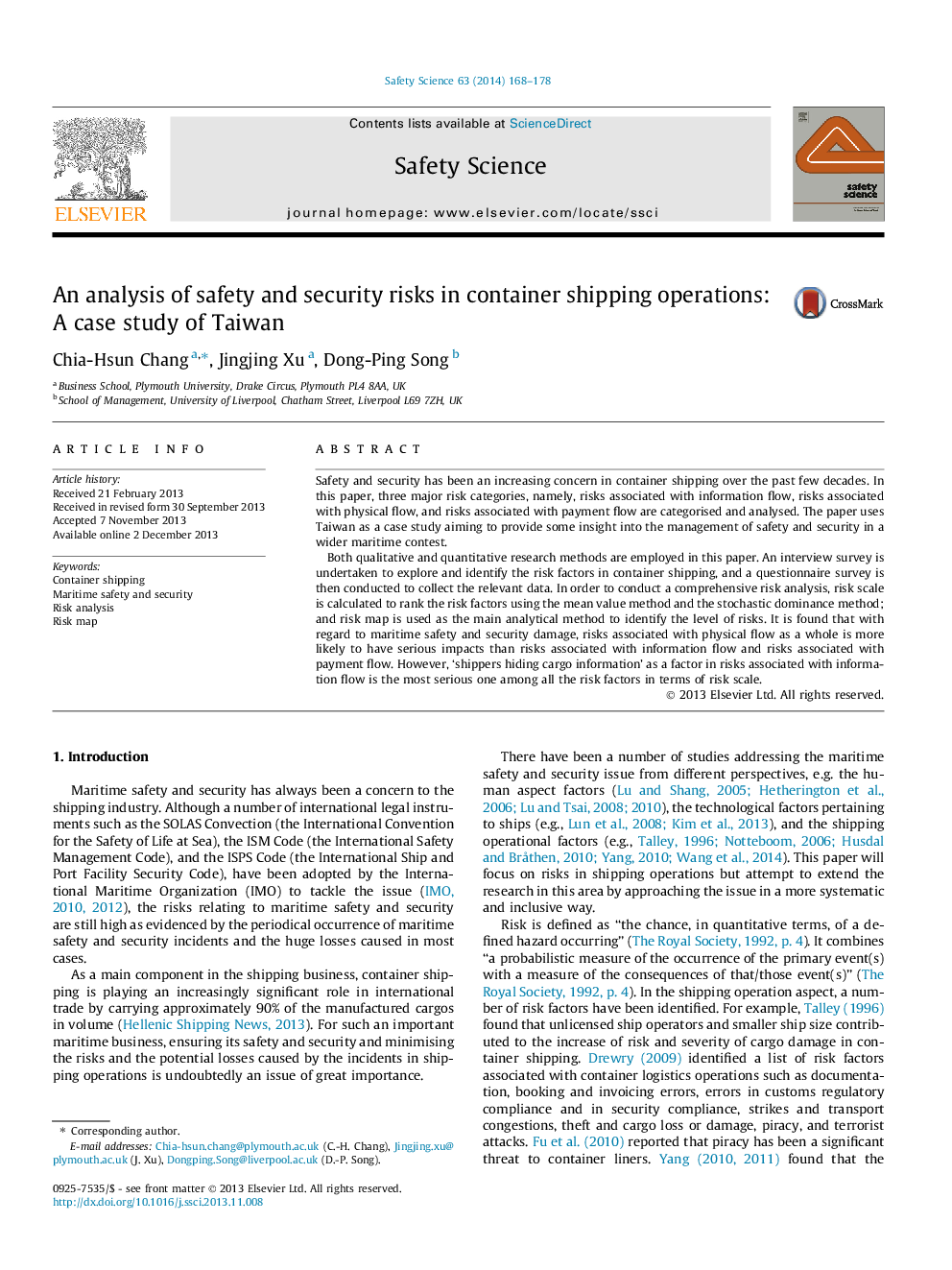 An analysis of safety and security risks in container shipping operations: A case study of Taiwan