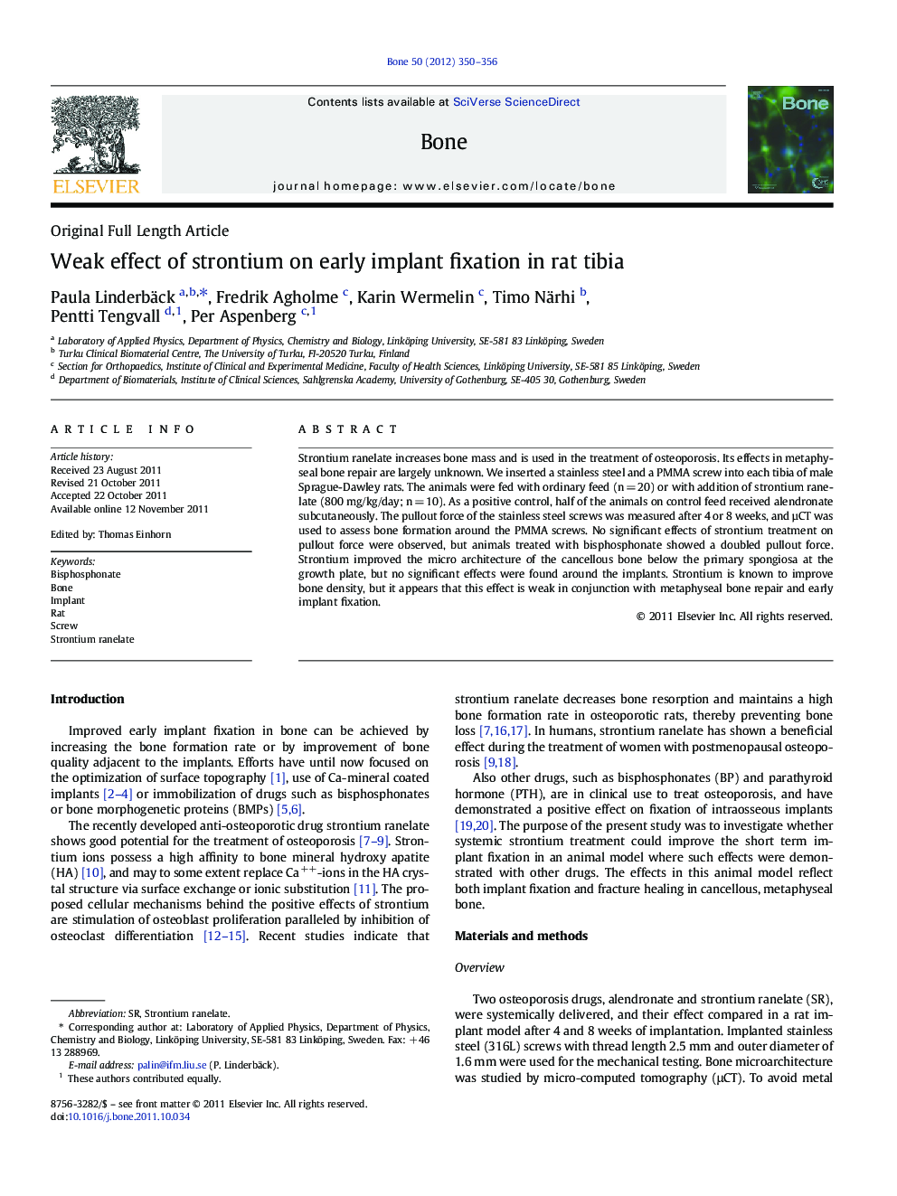 Original Full Length ArticleWeak effect of strontium on early implant fixation in rat tibia