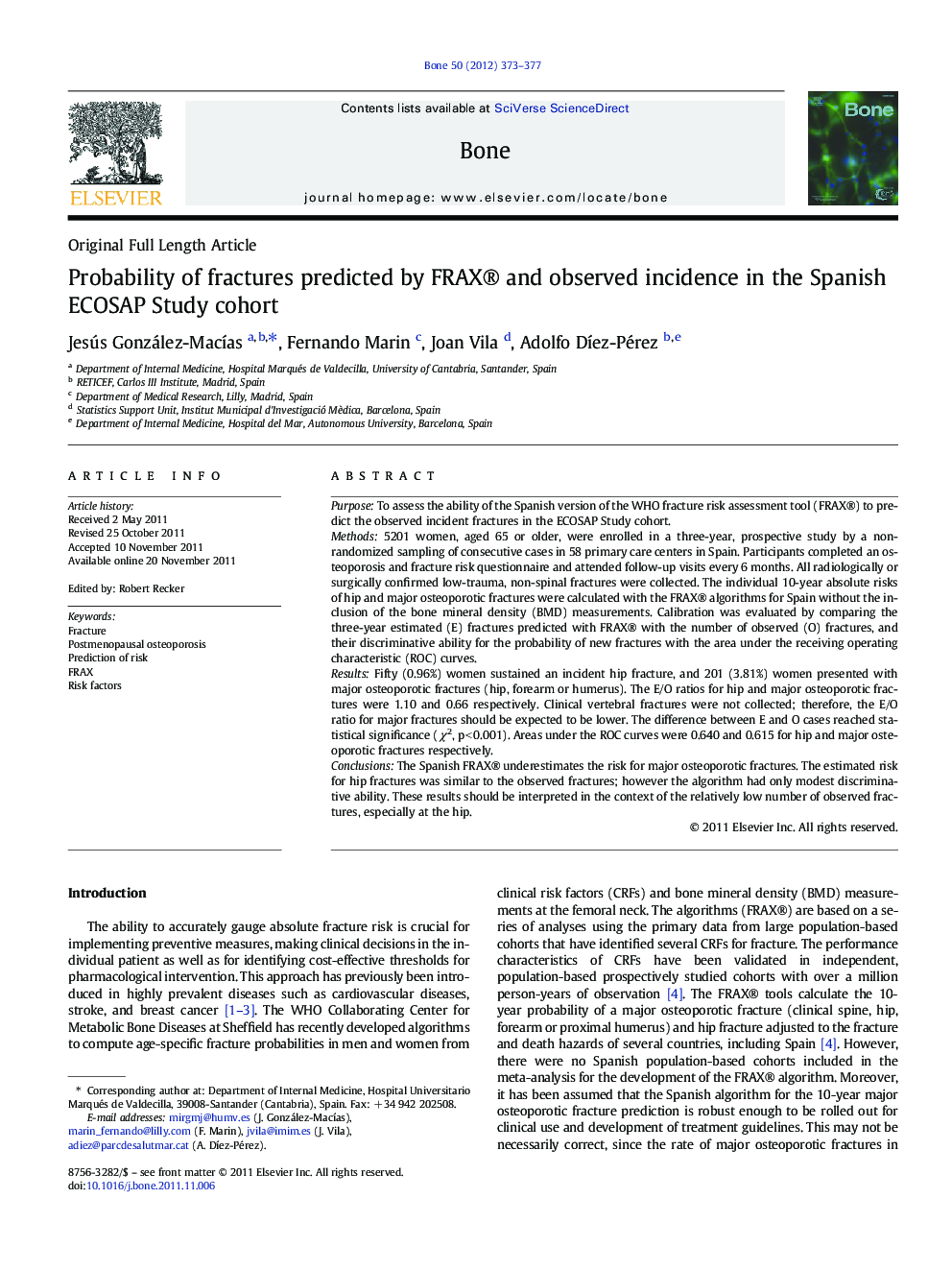 Probability of fractures predicted by FRAX® and observed incidence in the Spanish ECOSAP Study cohort