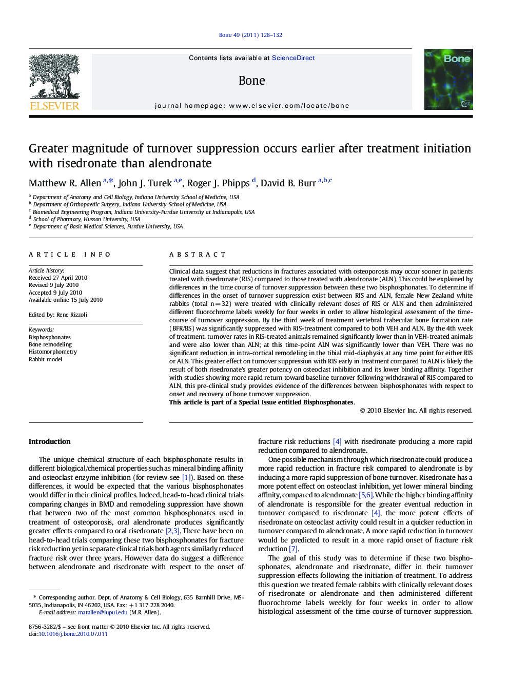 Greater magnitude of turnover suppression occurs earlier after treatment initiation with risedronate than alendronate