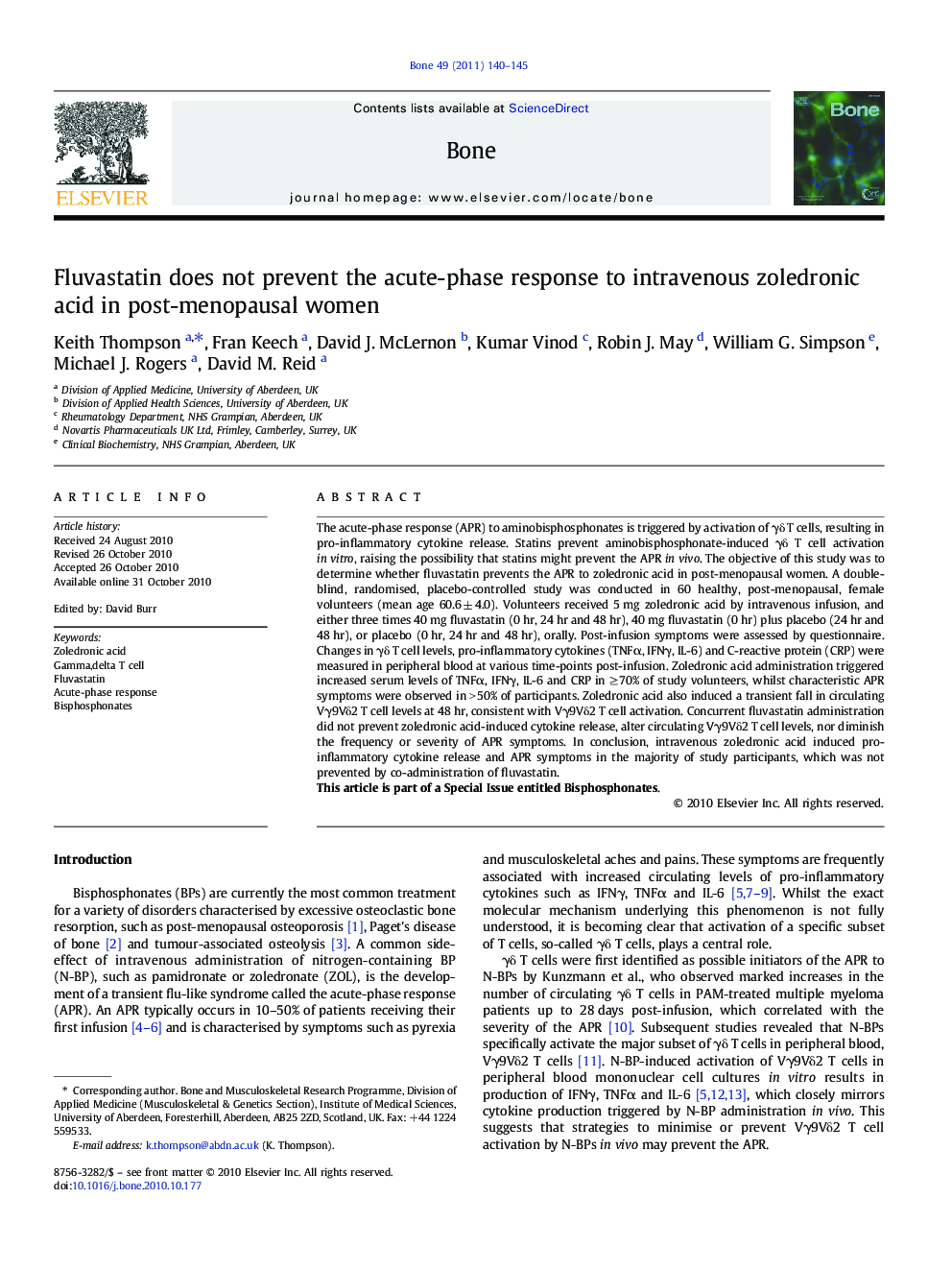 Fluvastatin does not prevent the acute-phase response to intravenous zoledronic acid in post-menopausal women