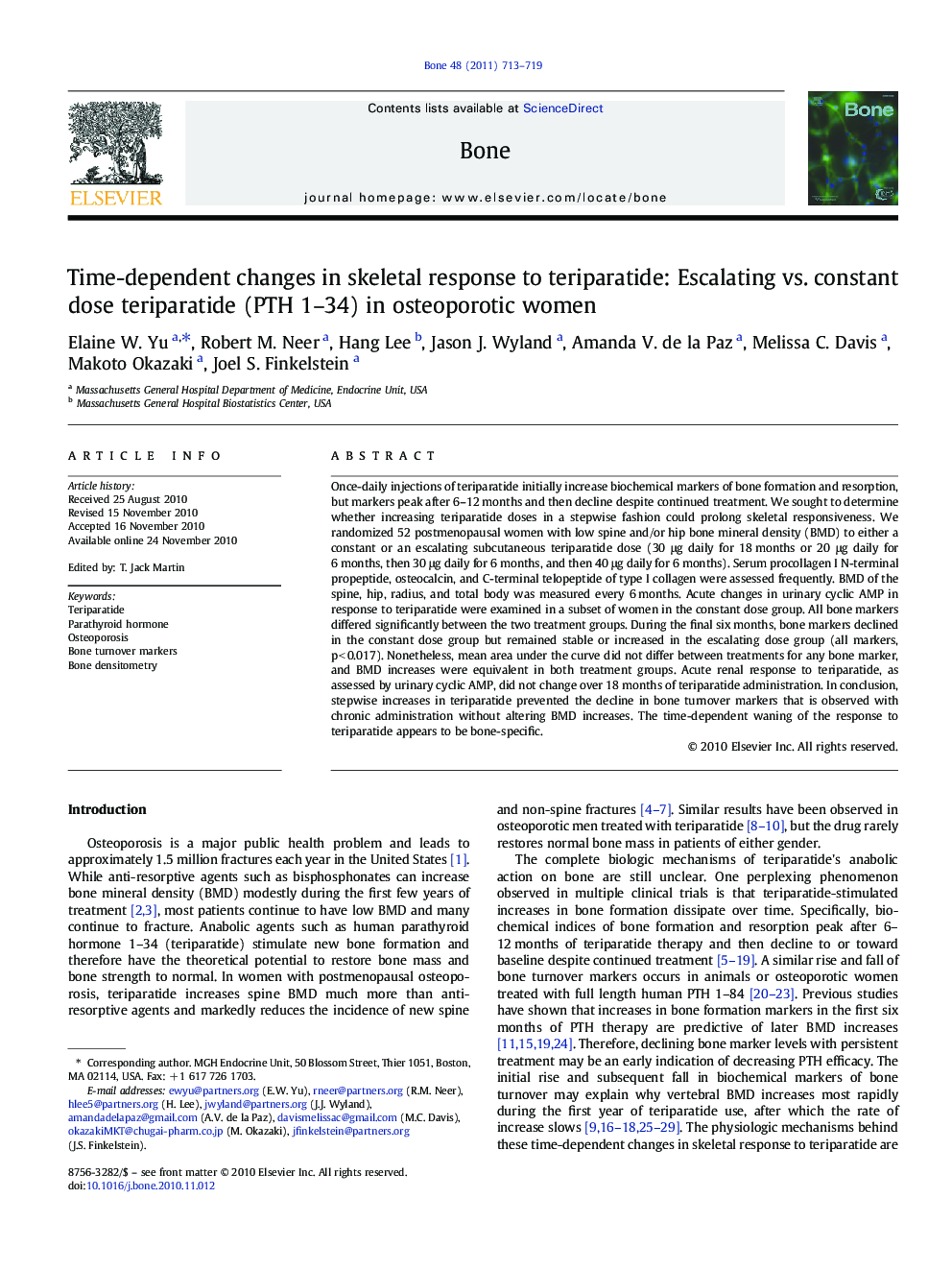 Time-dependent changes in skeletal response to teriparatide: Escalating vs. constant dose teriparatide (PTH 1-34) in osteoporotic women