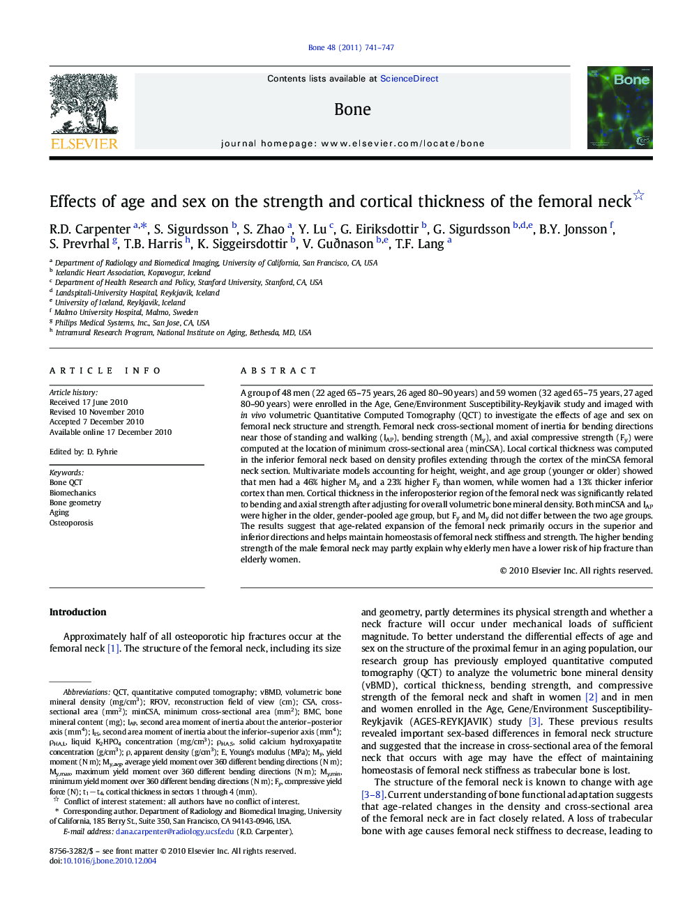 Effects of age and sex on the strength and cortical thickness of the femoral neck