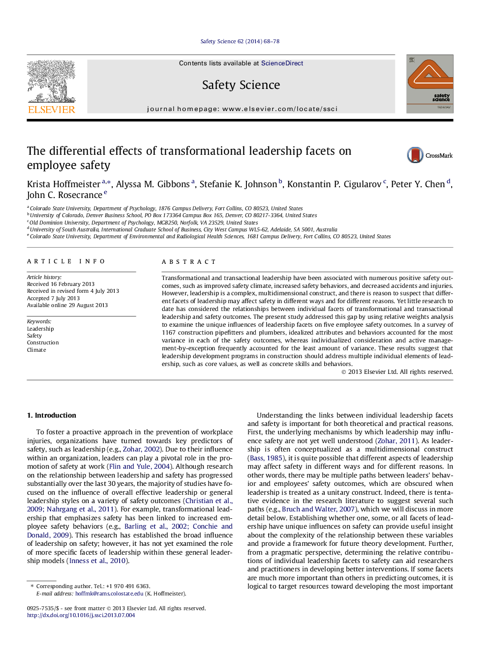 The differential effects of transformational leadership facets on employee safety